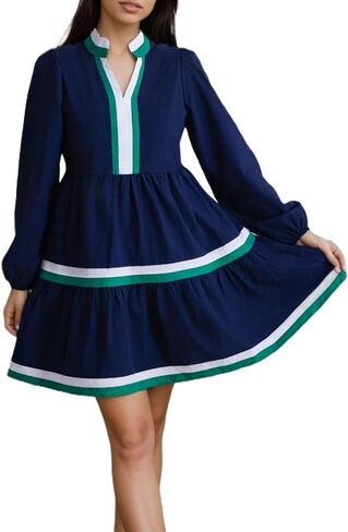 Womens Puff Long Sleeve Babydoll Dress V Neck Navy Blue Striped Color Block Tiered Mini Dresses in Saudi Arabia