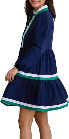 Womens Puff Long Sleeve Babydoll Dress V Neck Navy Blue Striped Color Block Tiered Mini Dresses in Saudi Arabia