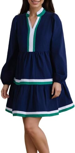 Womens Puff Long Sleeve Babydoll Dress V Neck Navy Blue Striped Color Block Tiered Mini Dresses in Saudi Arabia