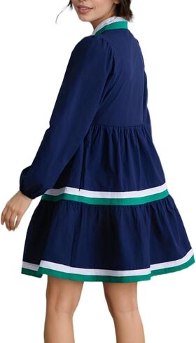 Womens Puff Long Sleeve Babydoll Dress V Neck Navy Blue Striped Color Block Tiered Mini Dresses in Saudi Arabia