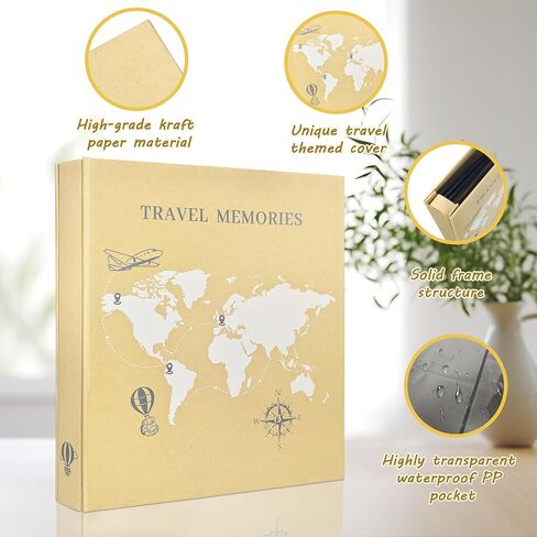 Travel Photo Album 4x6 Photos,5 Pictures Per Page 300 Capacity Vacation Memory Book with World Map Cover–Excellent Kraft Album for Family Adventure Trips Gifts in Kuwait