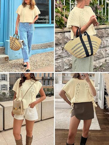 Saodimallsu Womens Summer Crochet Sweaters Batwing Cap Sleeve Cable Knit Crewneck Side Tie Casual Pullover Tops in Saudi Arabia