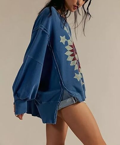 Crewneck جرافيك البلوز Y2k المرأة في سن المراهقة فتاة طويلة الأكمام المتضخم لطيف الشاطئ سترة فضفاضة Vintage البلوز الأعلى in Kuwait