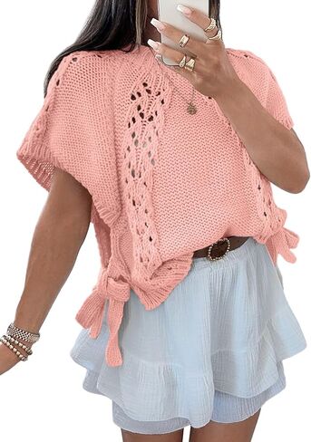 Saodimallsu Womens Summer Crochet Sweaters Batwing Cap Sleeve Cable Knit Crewneck Side Tie Casual Pullover Tops in Saudi Arabia