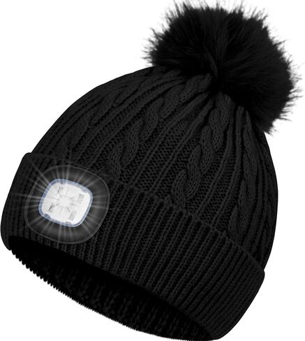 LED Beanie with Light, Hands Free Headlamp Light Up Winter Hat, Warm Lined Cable Knit Unisex Beanie Hat with Pom for for Men and Women, Ideal for Wife Mother's Birthdays/Christmas-Black in Saudi Arabia
