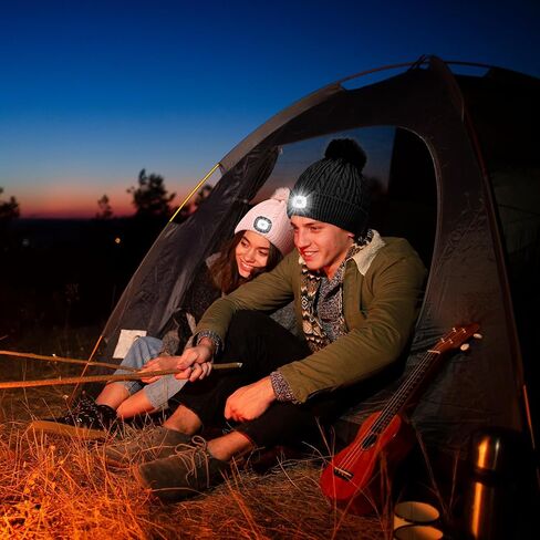 LED Beanie with Light, Hands Free Headlamp Light Up Winter Hat, Warm Lined Cable Knit Unisex Beanie Hat with Pom for for Men and Women, Ideal for Wife Mother's Birthdays/Christmas-Black in Saudi Arabia