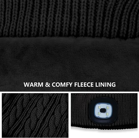 LED Beanie with Light, Hands Free Headlamp Light Up Winter Hat, Warm Lined Cable Knit Unisex Beanie Hat with Pom for for Men and Women, Ideal for Wife Mother's Birthdays/Christmas-Black in Saudi Arabia