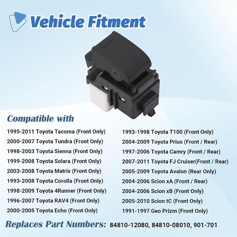 زر التحكم في مفتاح نافذة الطاقة، جانب الركاب الخلفي الأمامي متوافق مع 1993-2011 Toyota Tacoma/Tundra/Sienna/Solara/Matrix/Corolla/RAV4، Scion xA xB tC، Geo Prizm، استبدل OE 84810-12080 in Saudi Arabia