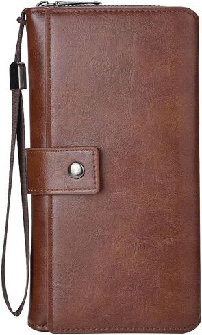 Men's Leather Zip Around Wallet - Long Bifold Multi-Card Holder with Zipper Closure & RFID Protection (Dark Brown) in Saudi Arabia