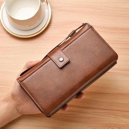 Men's Leather Zip Around Wallet - Long Bifold Multi-Card Holder with Zipper Closure & RFID Protection (Dark Brown) in Saudi Arabia