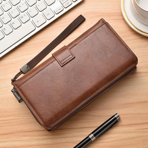 Men's Leather Zip Around Wallet - Long Bifold Multi-Card Holder with Zipper Closure & RFID Protection (Dark Brown) in Saudi Arabia