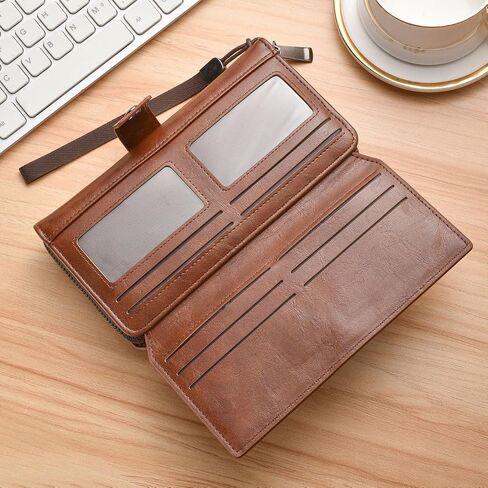 Men's Leather Zip Around Wallet - Long Bifold Multi-Card Holder with Zipper Closure & RFID Protection (Dark Brown) in Saudi Arabia