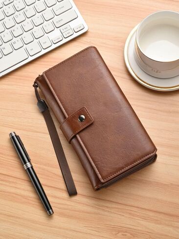 Men's Leather Zip Around Wallet - Long Bifold Multi-Card Holder with Zipper Closure & RFID Protection (Dark Brown) in Saudi Arabia