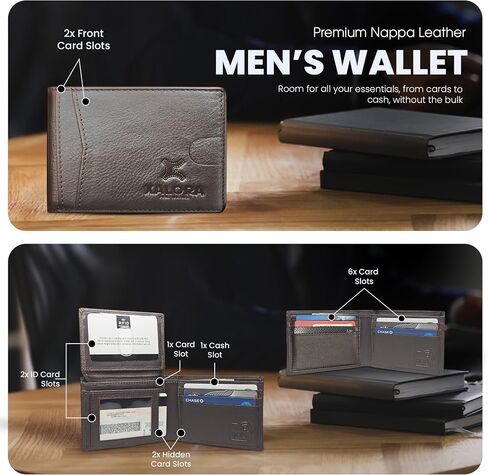 XALORA Mens Wallet Genuine Nappa Leather Wallet Stylish Slim Bifold RFID Blocking – 2 ID Windows | 11 Card Holder | Cash Pocket & Gift Box - Brown in Saudi Arabia