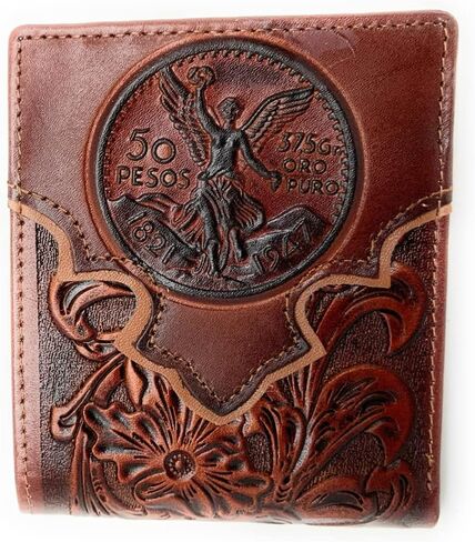 Western Men's Cowboy Leather Floral Tooled Laser Cut Mexican 50 Pesos Short Wallet in 5 colors (Brown/Tan) in Saudi Arabia