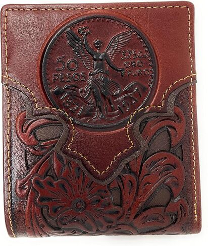 Western Men's Cowboy Leather Floral Tooled Laser Cut Mexican 50 Pesos Short Wallet in 5 colors (Brown/Tan) in Saudi Arabia