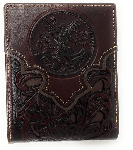 Western Men's Cowboy Leather Floral Tooled Laser Cut Mexican 50 Pesos Short Wallet in 5 colors (Brown/Tan) in Saudi Arabia