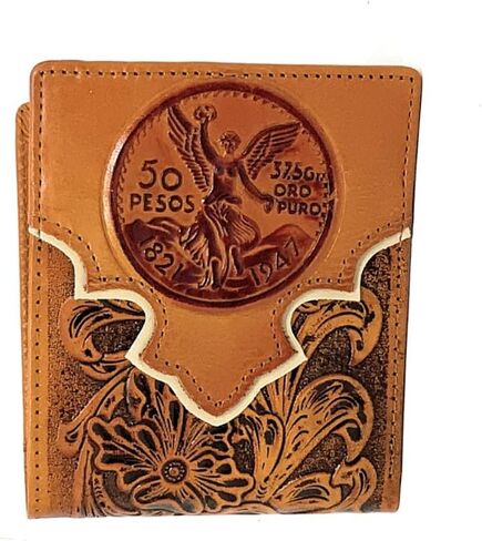 Western Men's Cowboy Leather Floral Tooled Laser Cut Mexican 50 Pesos Short Wallet in 5 colors (Brown/Tan) in Saudi Arabia