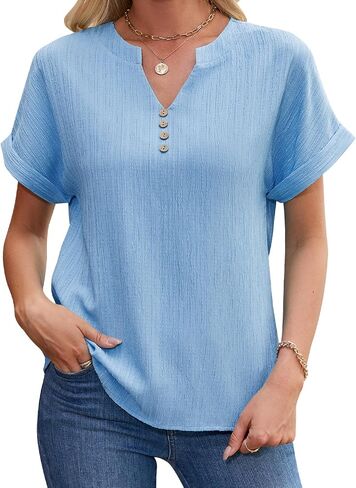 Womens Summer Tops Trendy 2025 Short Sleeve Shirts V Neck Blouse Textured Beach Vacation Clothes in Saudi Arabia