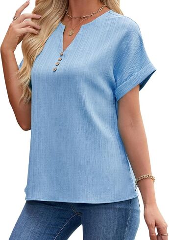 Womens Summer Tops Trendy 2025 Short Sleeve Shirts V Neck Blouse Textured Beach Vacation Clothes in Saudi Arabia
