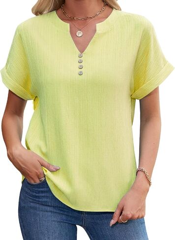 Womens Summer Tops Trendy 2025 Short Sleeve Shirts V Neck Blouse Textured Beach Vacation Clothes in Saudi Arabia