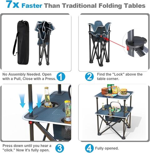 Folding Camping Table, Portable Outdoor Picnic Table, Lightweight Square Camp Table with Built-in 4 Cup Holders Food Basket and Travel Bag for Barbeque Beach Camping and Tailgate Blue in Saudi Arabia