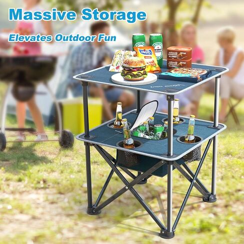 Folding Camping Table, Portable Outdoor Picnic Table, Lightweight Square Camp Table with Built-in 4 Cup Holders Food Basket and Travel Bag for Barbeque Beach Camping and Tailgate Blue in Saudi Arabia