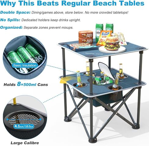 Folding Camping Table, Portable Outdoor Picnic Table, Lightweight Square Camp Table with Built-in 4 Cup Holders Food Basket and Travel Bag for Barbeque Beach Camping and Tailgate Blue in Saudi Arabia