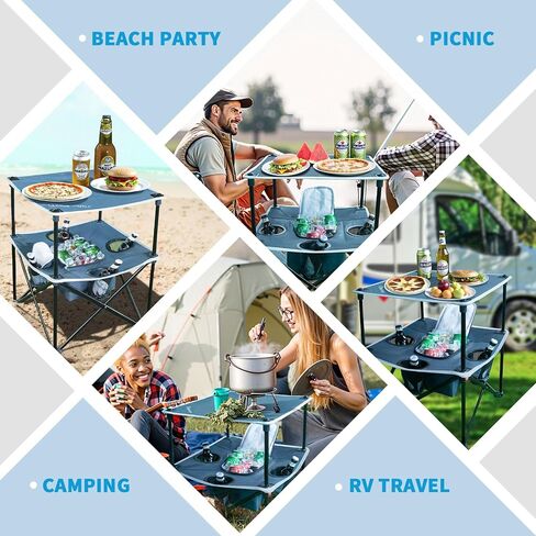 Folding Camping Table, Portable Outdoor Picnic Table, Lightweight Square Camp Table with Built-in 4 Cup Holders Food Basket and Travel Bag for Barbeque Beach Camping and Tailgate Blue in Saudi Arabia