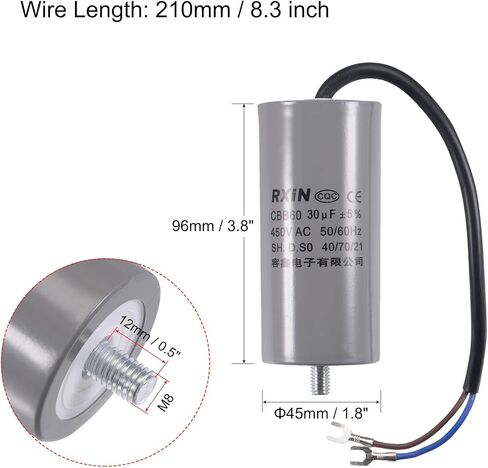 مكثف تشغيل uxcell CBB60 35 فائق التوهج 450 فولت تيار متردد 2 سلك 50/60 هرتز أسطوانة 96 × 45 مم مع طرف، مسمار تثبيت M8 لمحرك مضخة المياه لضاغط الهواء in Kuwait