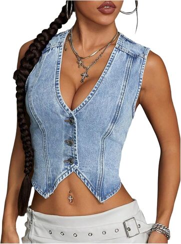 WDIRARA Women's Button Down Denim Crop Top Asymmetrical Jean Vest Sleeveless Deep V Neck Tank Tops in Saudi Arabia