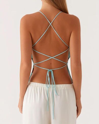 Women Sexy Tie Back Sequin Rhinestone Cami Shirt Summer Y2k Skinny Sleeveless V Neck Open Back Sparkly Tank Top in Saudi Arabia