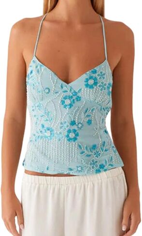 Women Sexy Tie Back Sequin Rhinestone Cami Shirt Summer Y2k Skinny Sleeveless V Neck Open Back Sparkly Tank Top in Saudi Arabia