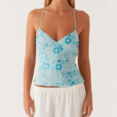 Women Sexy Tie Back Sequin Rhinestone Cami Shirt Summer Y2k Skinny Sleeveless V Neck Open Back Sparkly Tank Top in Saudi Arabia