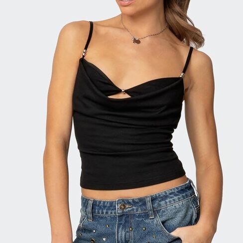 Women Y2K Spaghetti Strap Tank Top Sleeveless Draped V-Neck Neck Hollow Out Front Solid Color Slim Fit Crop Camisole in Saudi Arabia