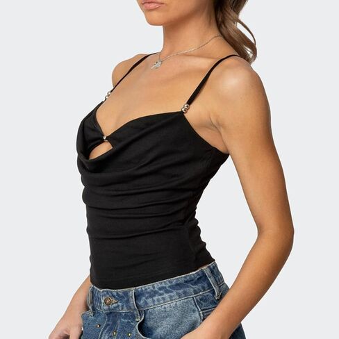 Women Y2K Spaghetti Strap Tank Top Sleeveless Draped V-Neck Neck Hollow Out Front Solid Color Slim Fit Crop Camisole in Saudi Arabia