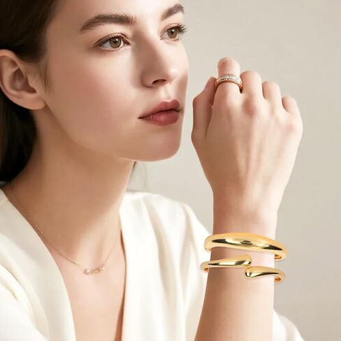 2pcs Chunky Gold Bracelet, 2 Design Adjustable Twist Chunky Cuff Bracelet Wide Cuff Bangle with Convenient Hinge Gold Trendy Stack Jewelry for Women Gifts in Saudi Arabia
