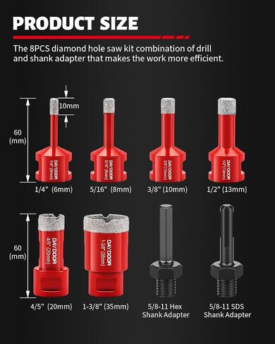 DAYDOOR Diamond Hole Saw Kit, 13PCS Diamond Core Drill Bit Set 6/6/8/20/25/35/50/75/100+20mm Finger Bit+50mm Beveling Chamfer Bit, Diamond Hole Saw Drill Bits for Tile Ceramic Porcelain in Saudi Arabia