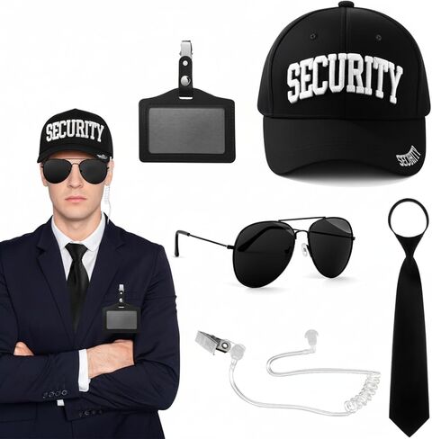 Mepase 10pcs Agent Costume Set Secret Security Service Outfit Kit Includes Security Cap Zipper Tie Black Sunglasses Earpiece and ID Card Badge for Halloween Cosplay Spy in Saudi Arabia