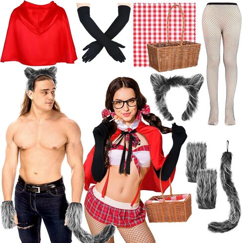 JenPen 10 Pcs Halloween Couples Costumes Outfit Riding Hood Costume Werewolf Costume Accessories Men Women Adult Cosplay Supplies Wolf Ears Tails Gloves Cloak Basket in Saudi Arabia