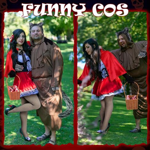 JenPen 10 Pcs Halloween Couples Costumes Outfit Riding Hood Costume Werewolf Costume Accessories Men Women Adult Cosplay Supplies Wolf Ears Tails Gloves Cloak Basket in Saudi Arabia