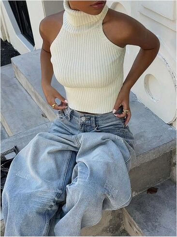 Wdirara Women's Turtleneck Sweed Sweater Sweater Sweater Top Top Crop Crop in Kuwait