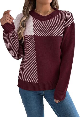 utcoco Women's Patchwork Color Block Sweater Crew Neck Long Sleeve Striped Knitted Pullover for Fall & Winter in Saudi Arabia