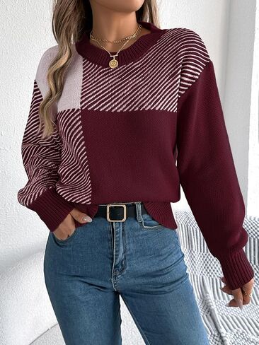 utcoco Women's Patchwork Color Block Sweater Crew Neck Long Sleeve Striped Knitted Pullover for Fall & Winter in Saudi Arabia