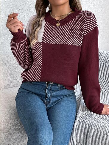 utcoco Women's Patchwork Color Block Sweater Crew Neck Long Sleeve Striped Knitted Pullover for Fall & Winter in Saudi Arabia