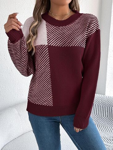 utcoco Women's Patchwork Color Block Sweater Crew Neck Long Sleeve Striped Knitted Pullover for Fall & Winter in Saudi Arabia
