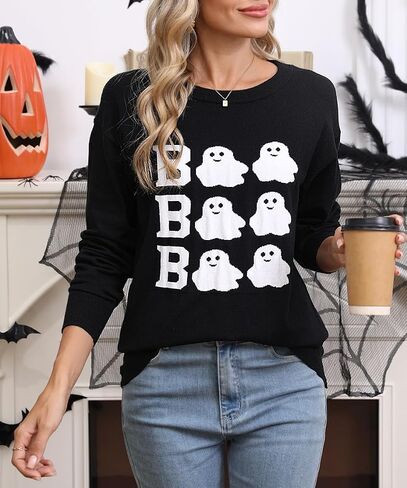 Halloween Ghost Boo Sweater for Women Cute Crewneck Knitted Fall Winter Fashion Clothes Loose Pullover Sweater Tops in Saudi Arabia