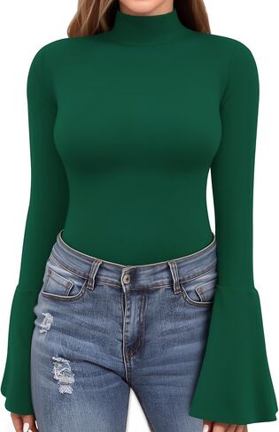 MANGOPOP Long Sleeve Mock Neck Shirts for Women Bell Sleeve Turtle Neck Tops Basic Going Out Tee Blouse in Saudi Arabia