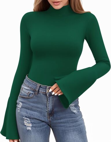 MANGOPOP Long Sleeve Mock Neck Shirts for Women Bell Sleeve Turtle Neck Tops Basic Going Out Tee Blouse in Saudi Arabia