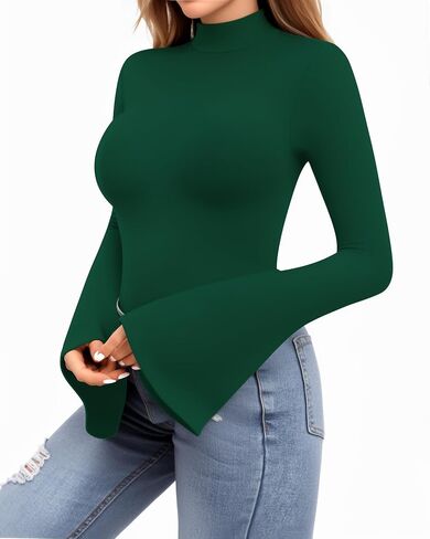 MANGOPOP Long Sleeve Mock Neck Shirts for Women Bell Sleeve Turtle Neck Tops Basic Going Out Tee Blouse in Saudi Arabia